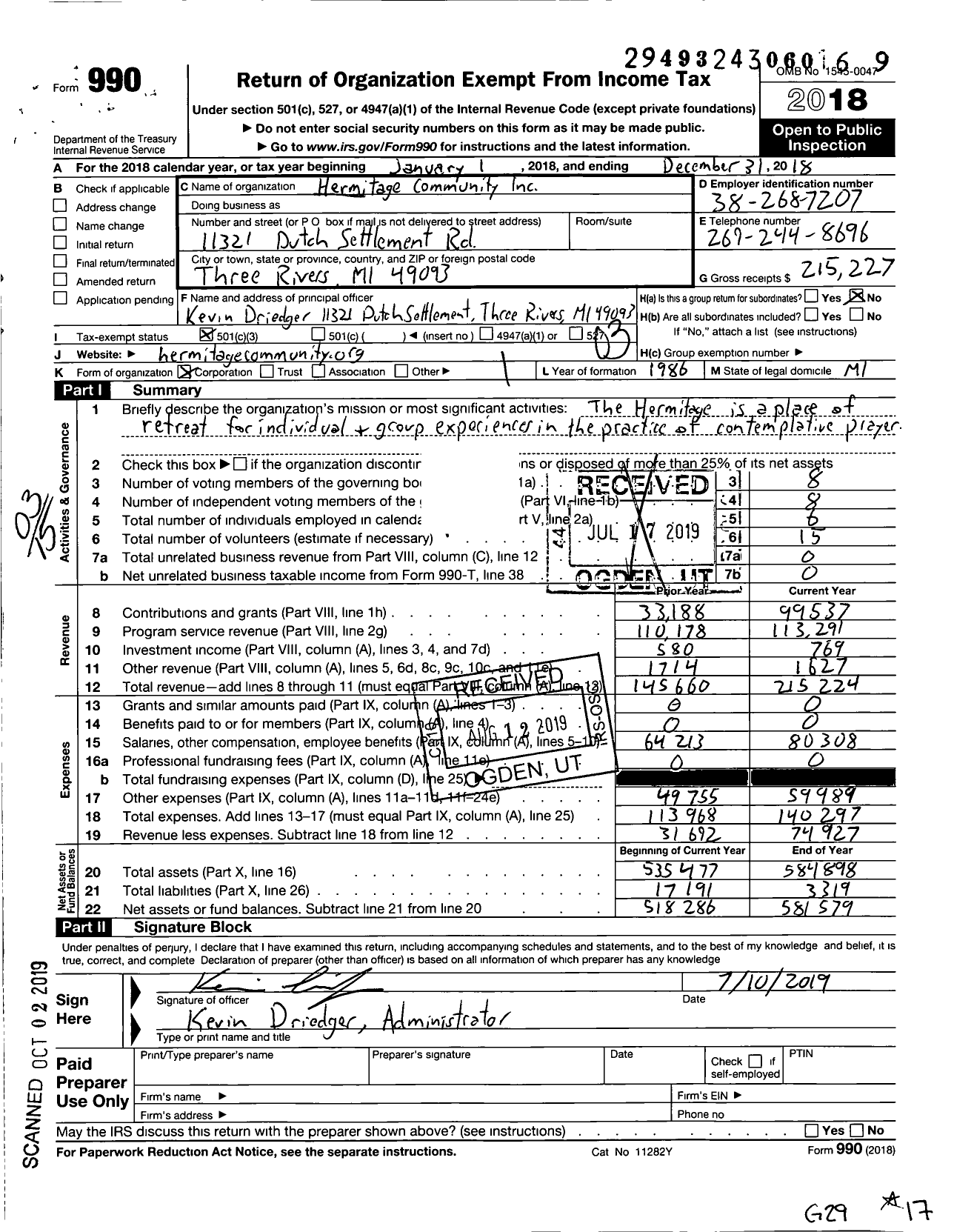 Image of first page of 2018 Form 990 for Hermitage Community