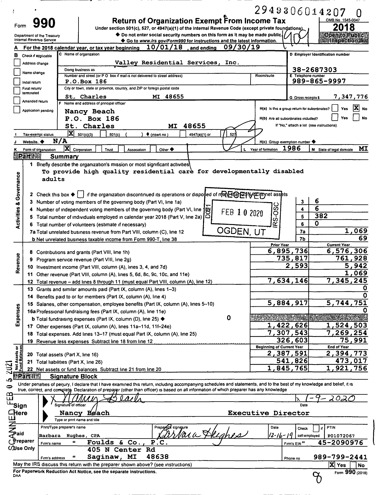 Image of first page of 2018 Form 990 for Valley Residential Services