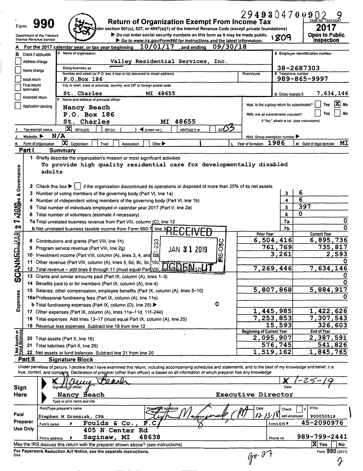 Image of first page of 2017 Form 990 for Valley Residential Services