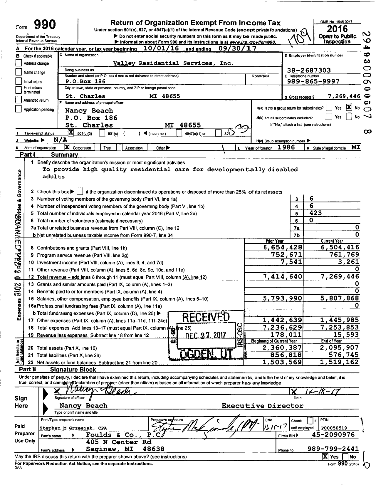 Image of first page of 2016 Form 990 for Valley Residential Services
