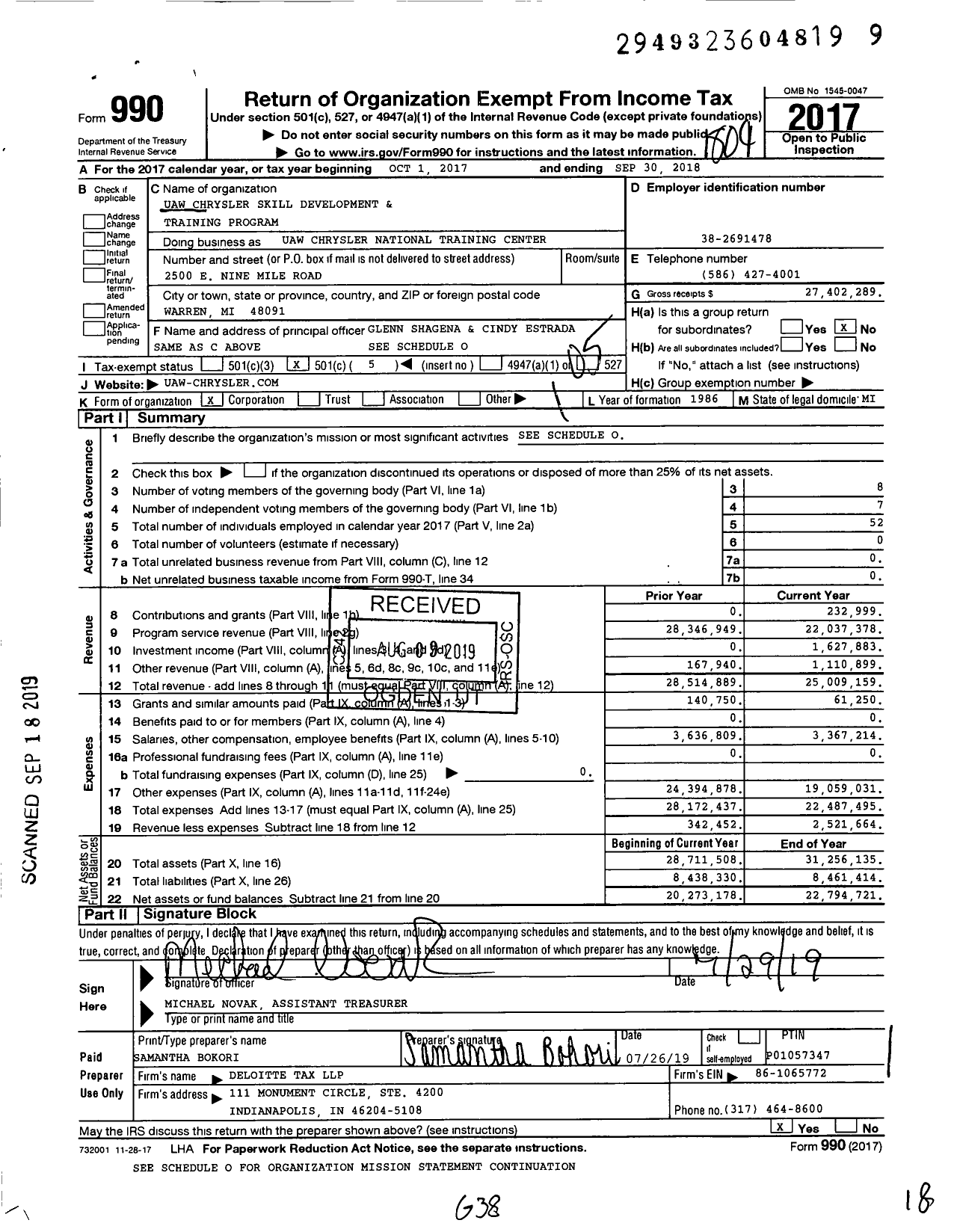 Image of first page of 2017 Form 990O for Uaw Chrysler National Training Cent