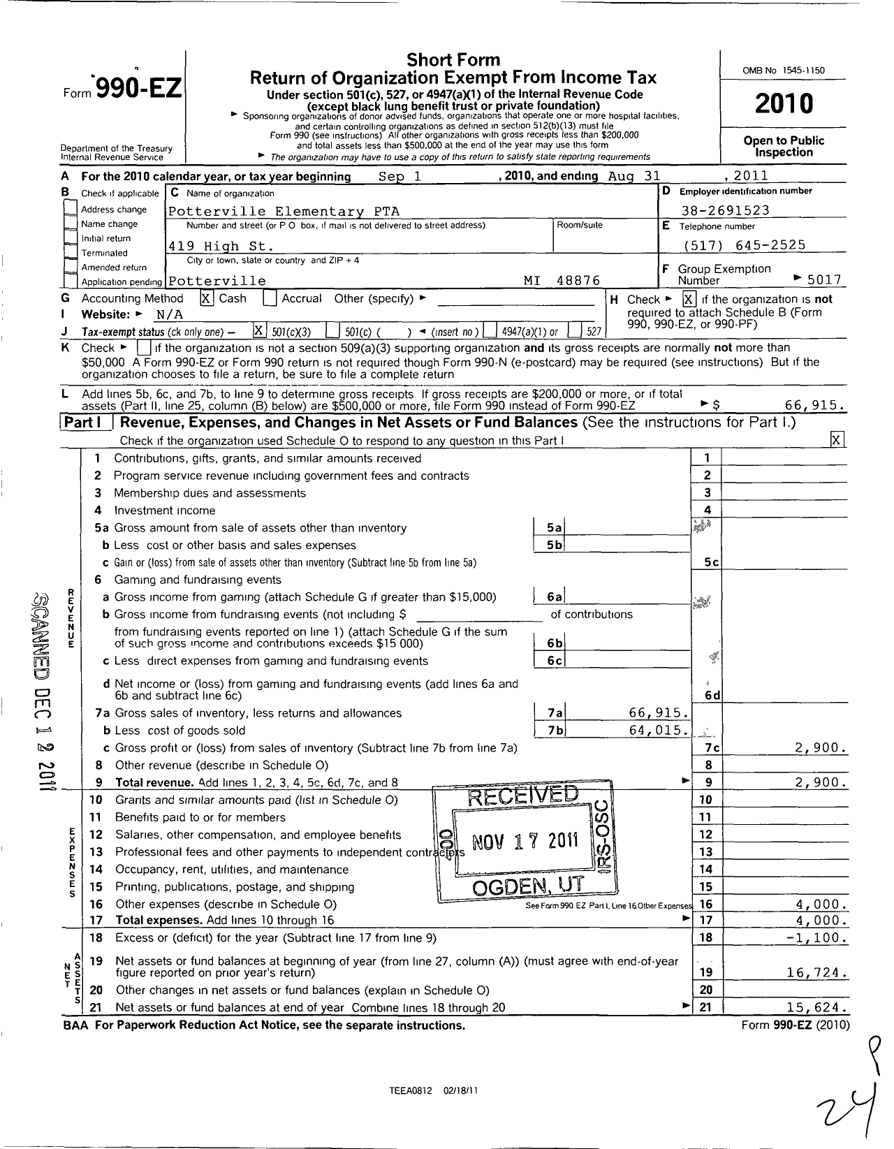 Image of first page of 2010 Form 990EZ for Ptsa Michigan Congress of Parents Teachers and Students / Potterville Elementary PTA