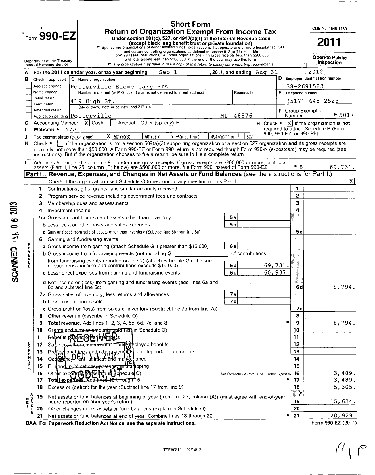 Image of first page of 2011 Form 990EZ for Ptsa Michigan Congress of Parents Teachers and Students / Potterville Elementary PTA