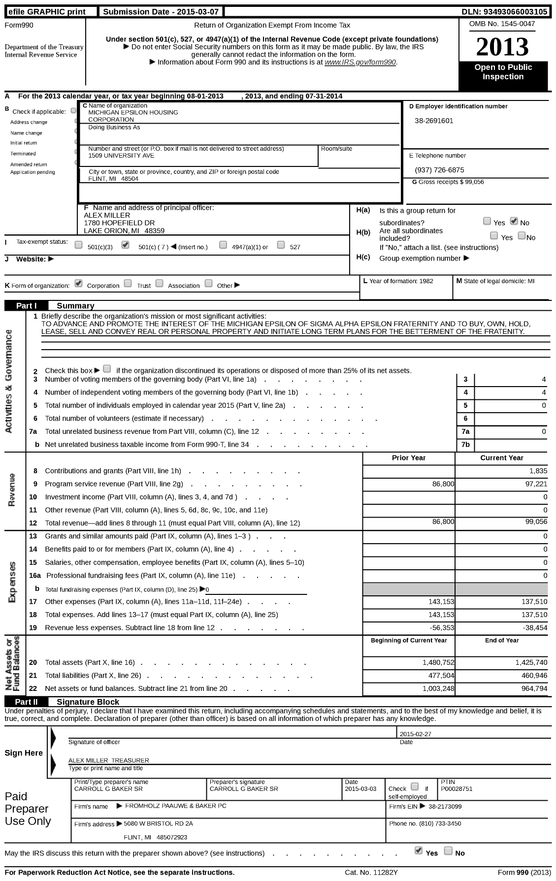 Image of first page of 2013 Form 990EZ for Sae Services / Michigan Epsilon House Corporation