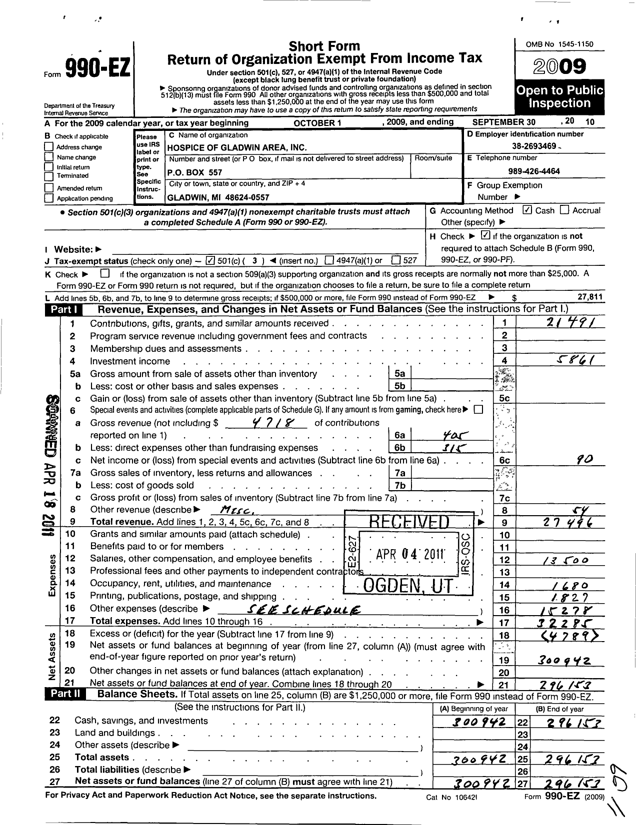 Image of first page of 2009 Form 990EZ for Hospice of Gladwin Area