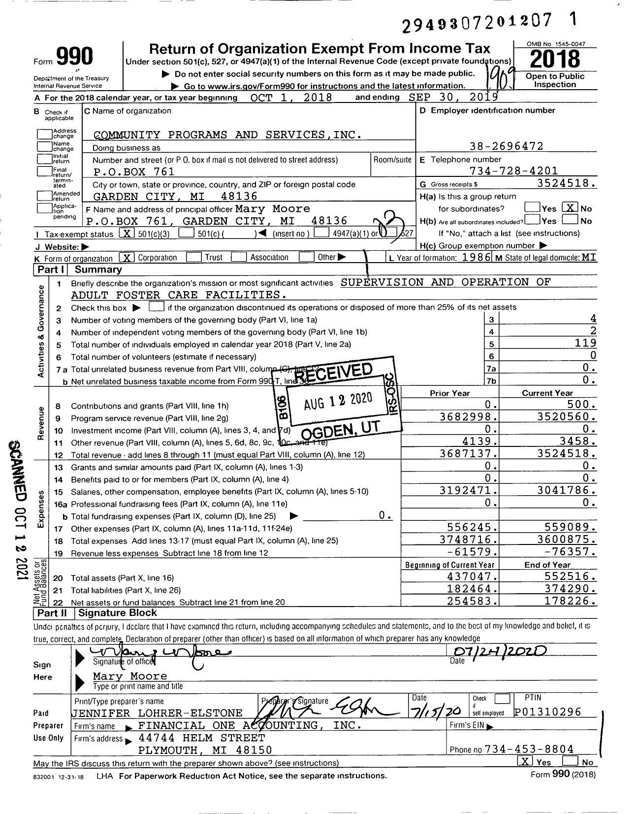 Image of first page of 2018 Form 990 for Community Programs and Services