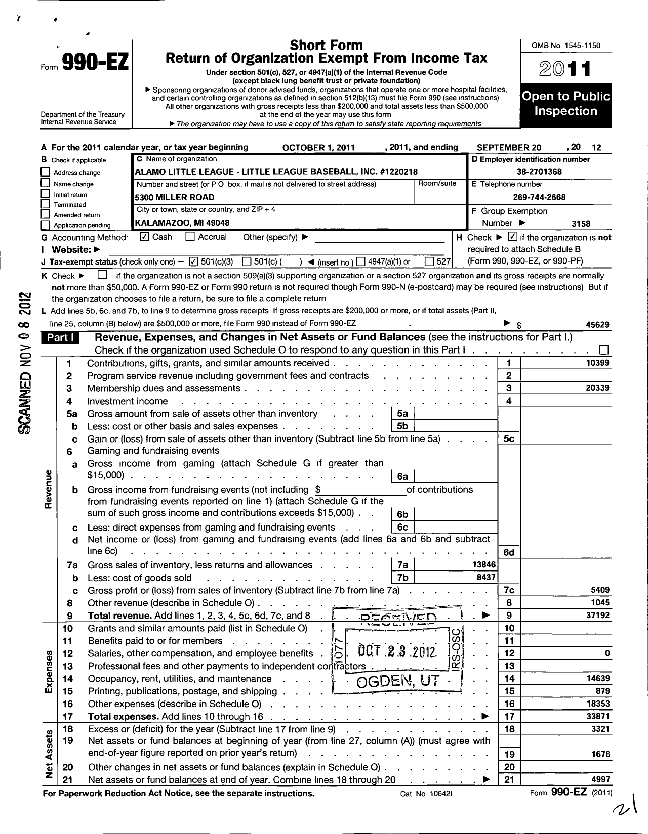 Image of first page of 2011 Form 990EZ for Little League Baseball - 1220218 Alamo LL