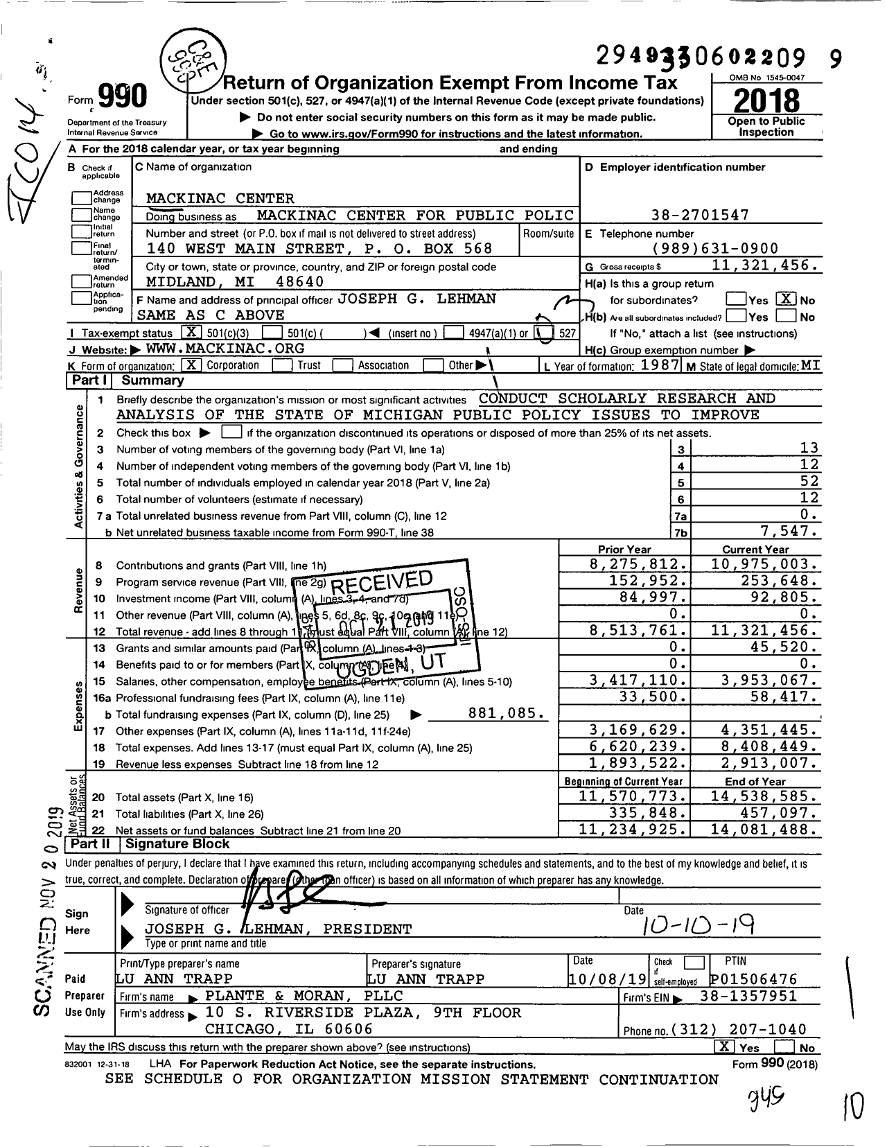 Image of first page of 2018 Form 990 for Mackinac Center for Public Policy Mackinac Center Legal Foundation