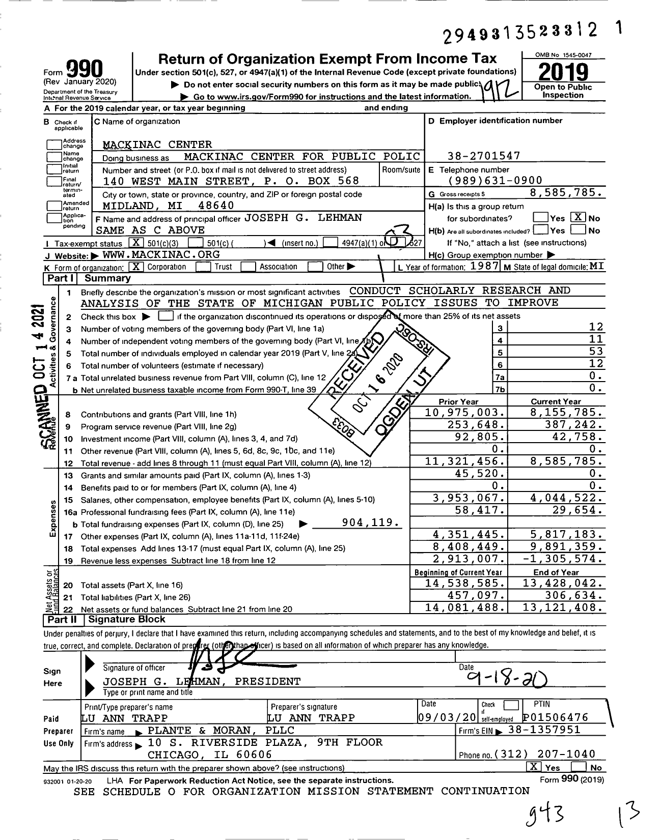 Image of first page of 2019 Form 990 for Mackinac Center for Public Policy Mackinac Center Legal Foundation