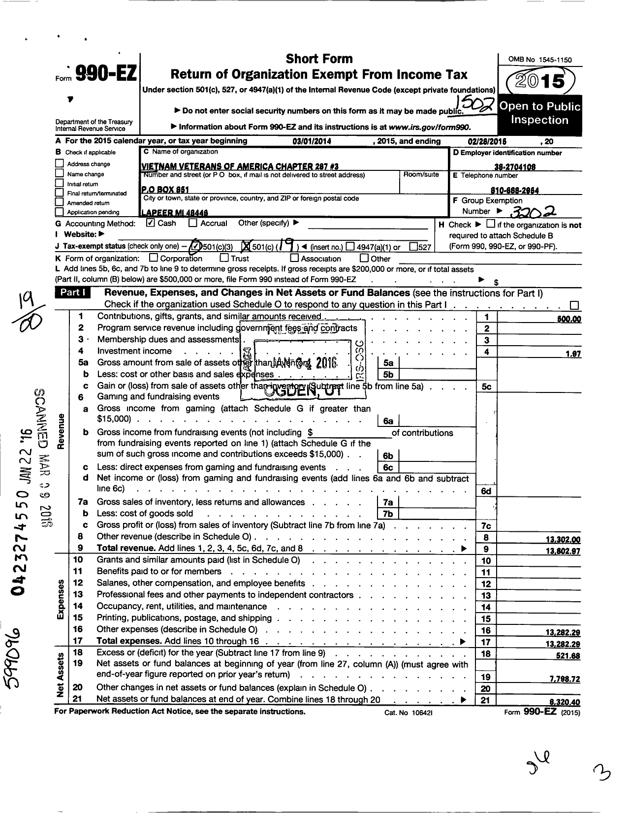Image of first page of 2014 Form 990EO for Vietnam Veterans of America - 287 Chapter
