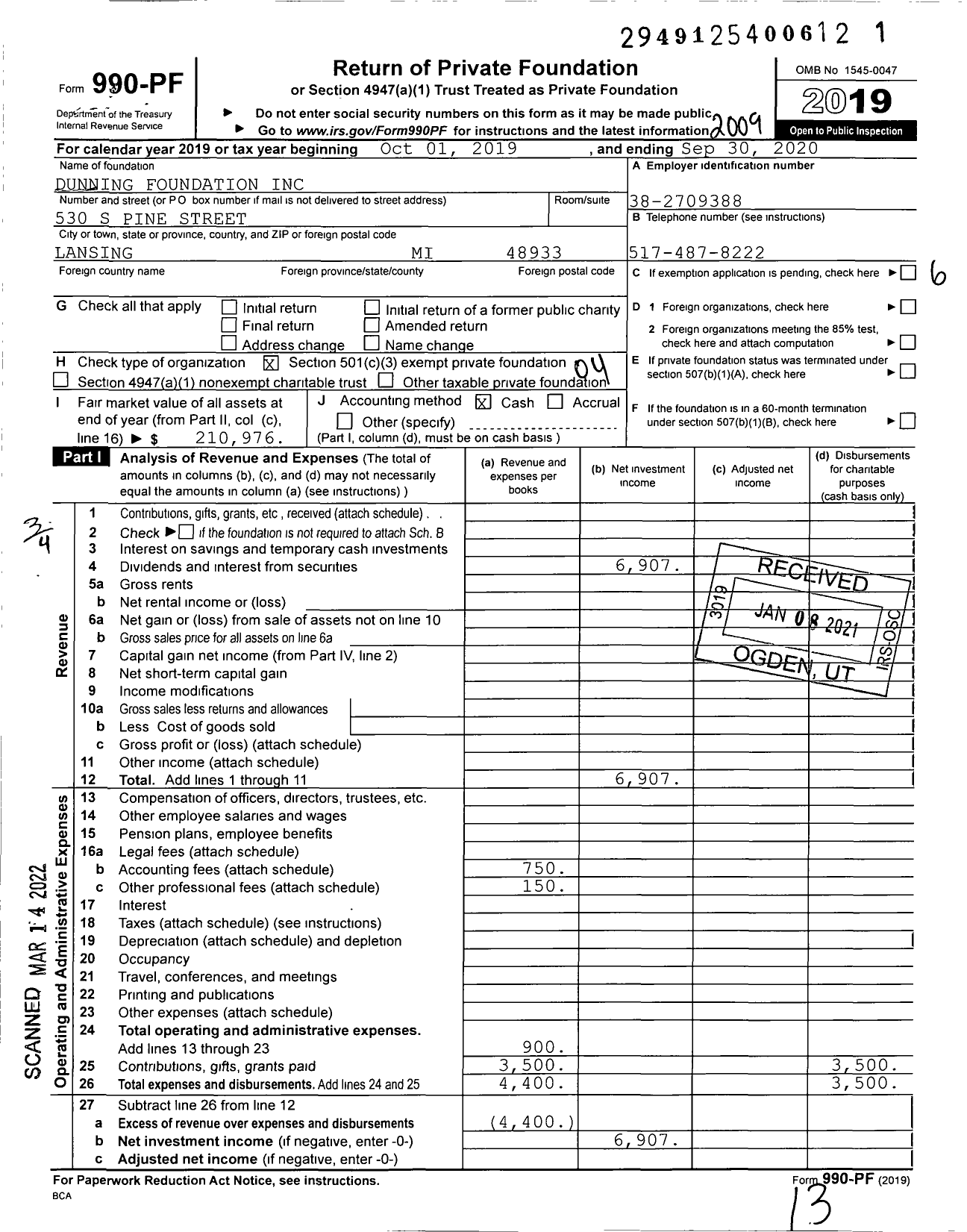 Image of first page of 2019 Form 990PF for Dunning Foundation