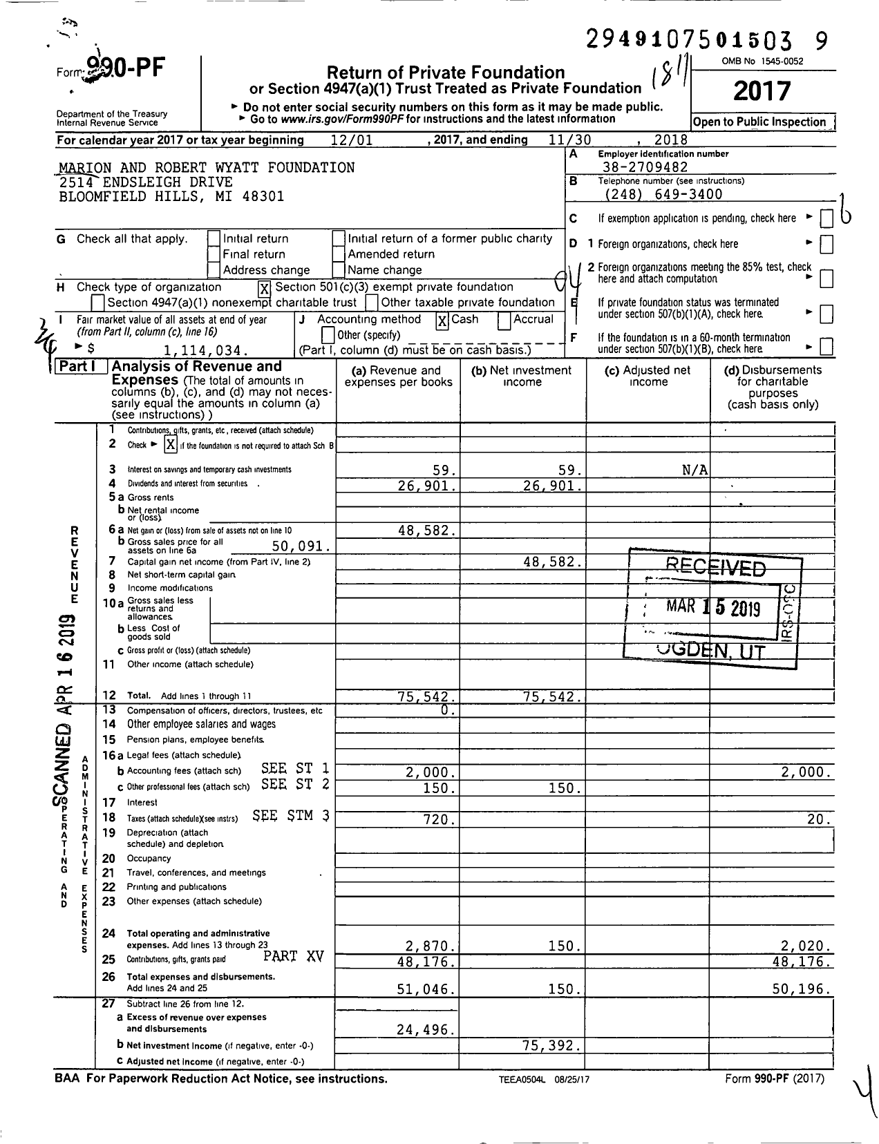 Image of first page of 2017 Form 990PF for Marion and Robert Wyatt Foundation