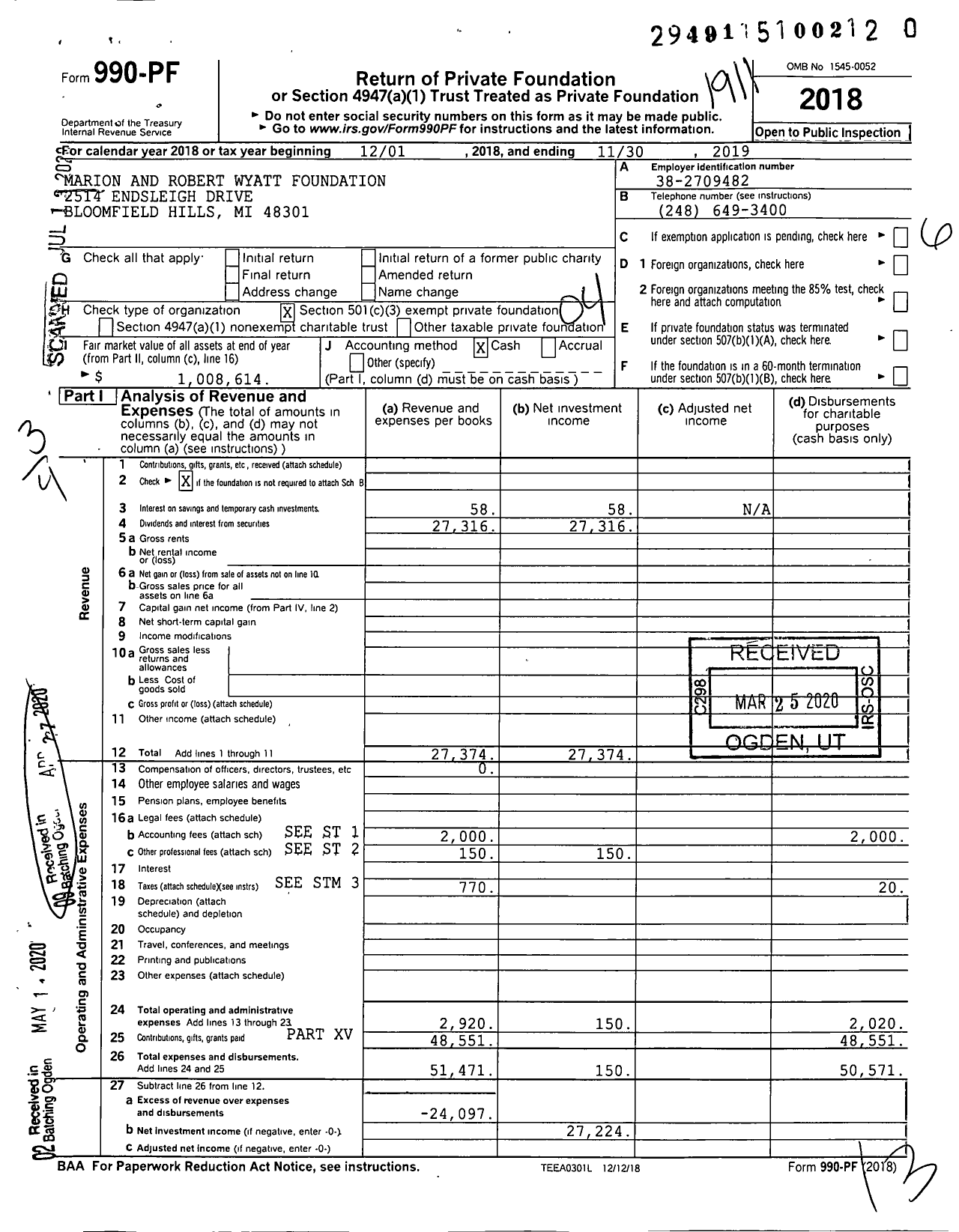 Image of first page of 2018 Form 990PR for Marion and Robert Wyatt Foundation