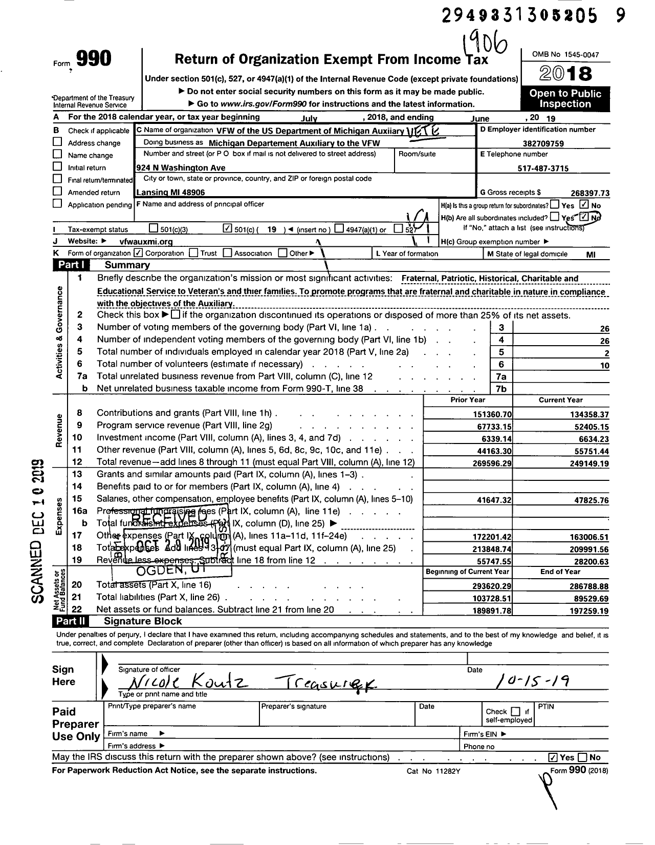 Image of first page of 2018 Form 990O for Veterans Organization