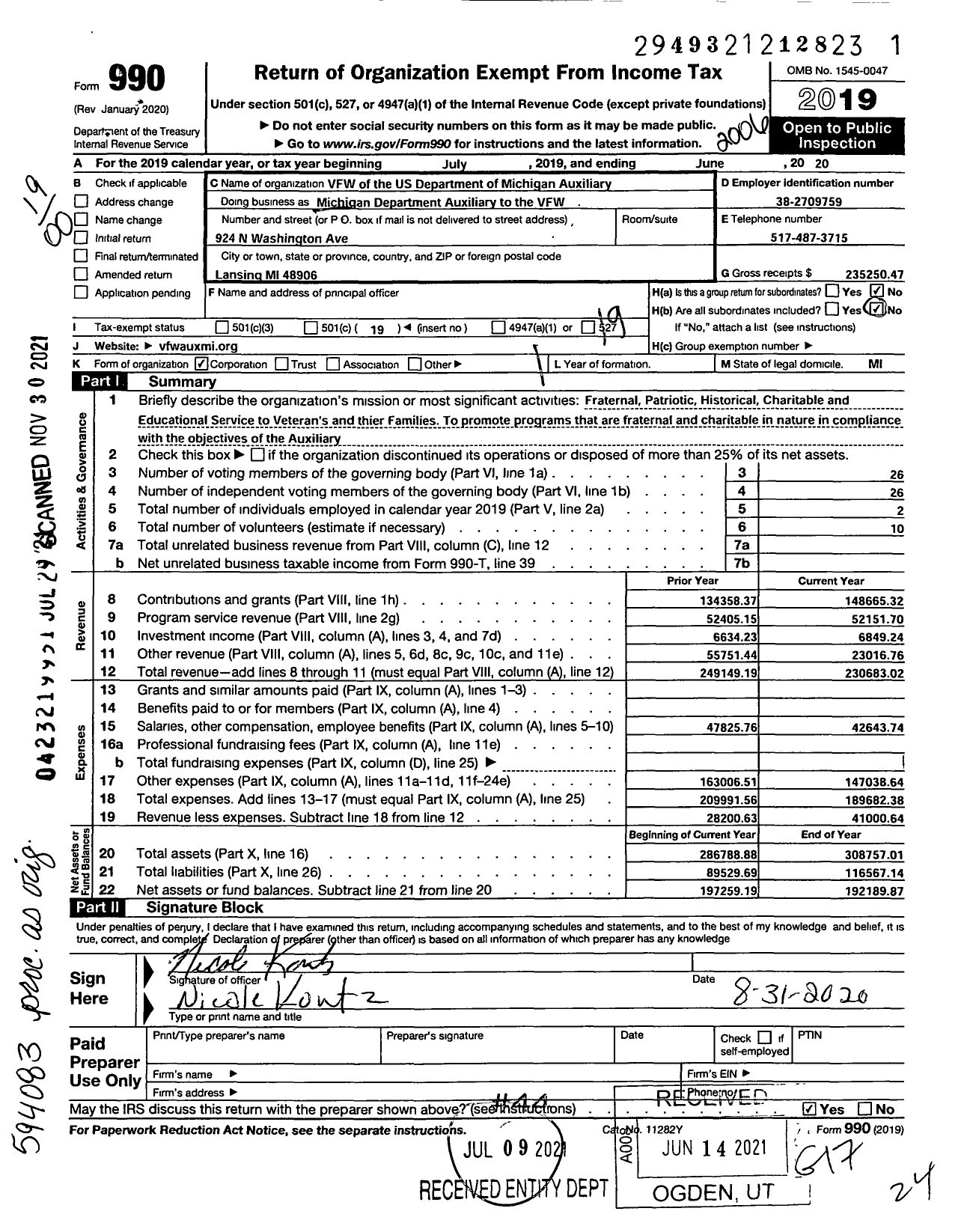 Image of first page of 2019 Form 990O for Veterans Organization