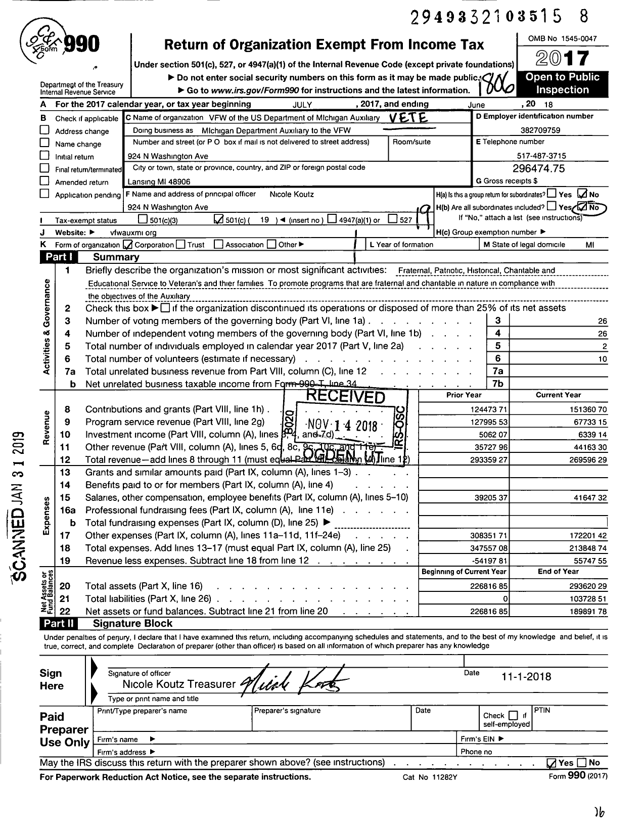 Image of first page of 2017 Form 990O for Veterans Organization