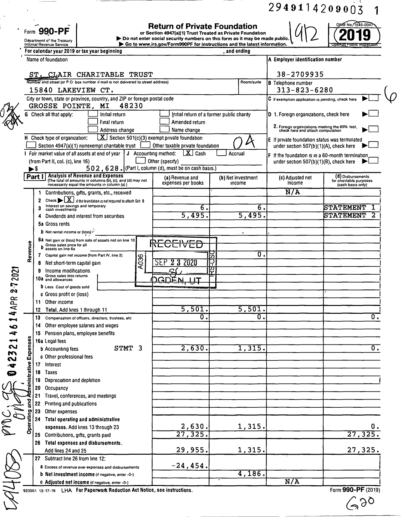 Image of first page of 2019 Form 990PF for St Clair Charitable Trust