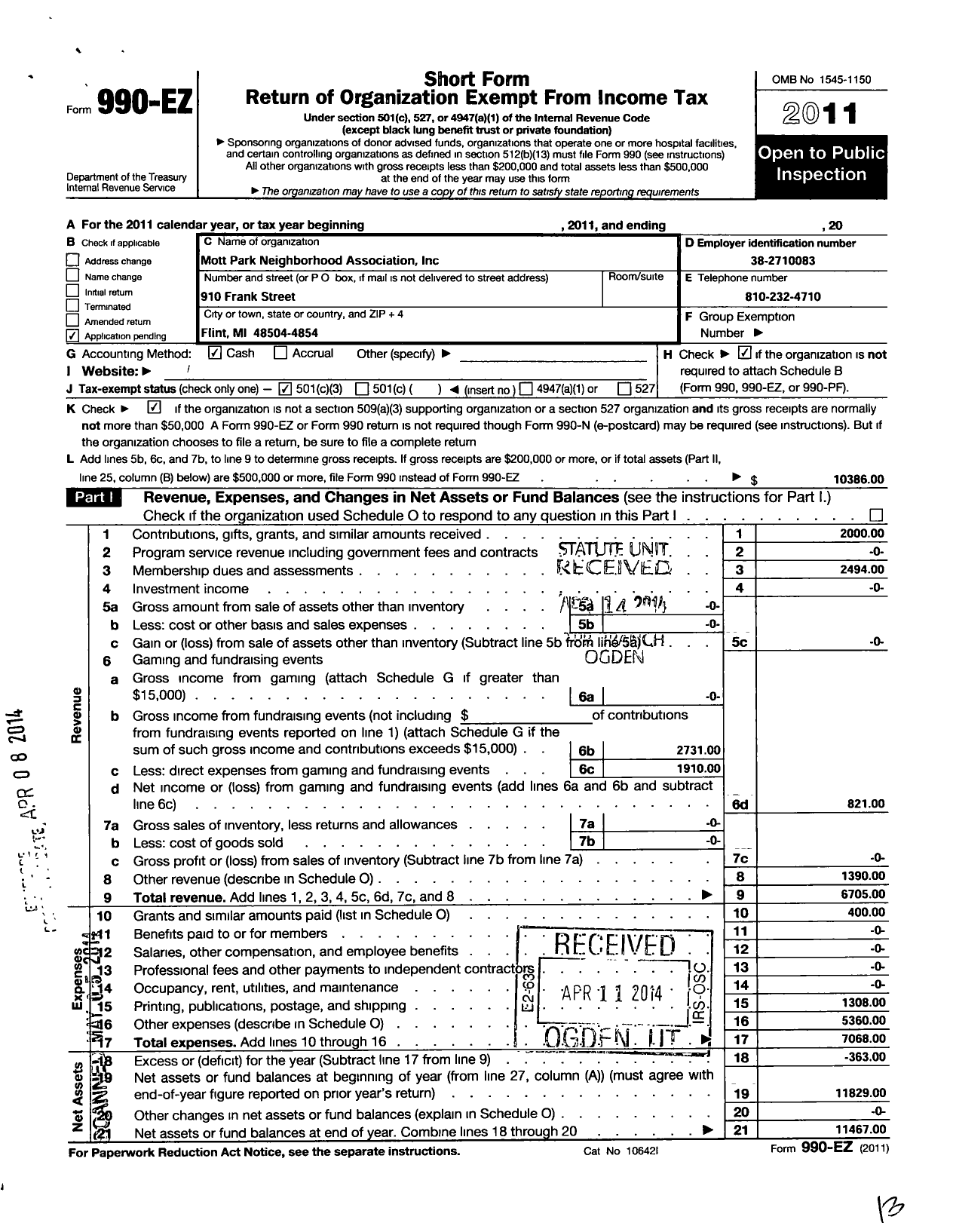 Image of first page of 2011 Form 990EZ for Mott Park Neighborhood Association