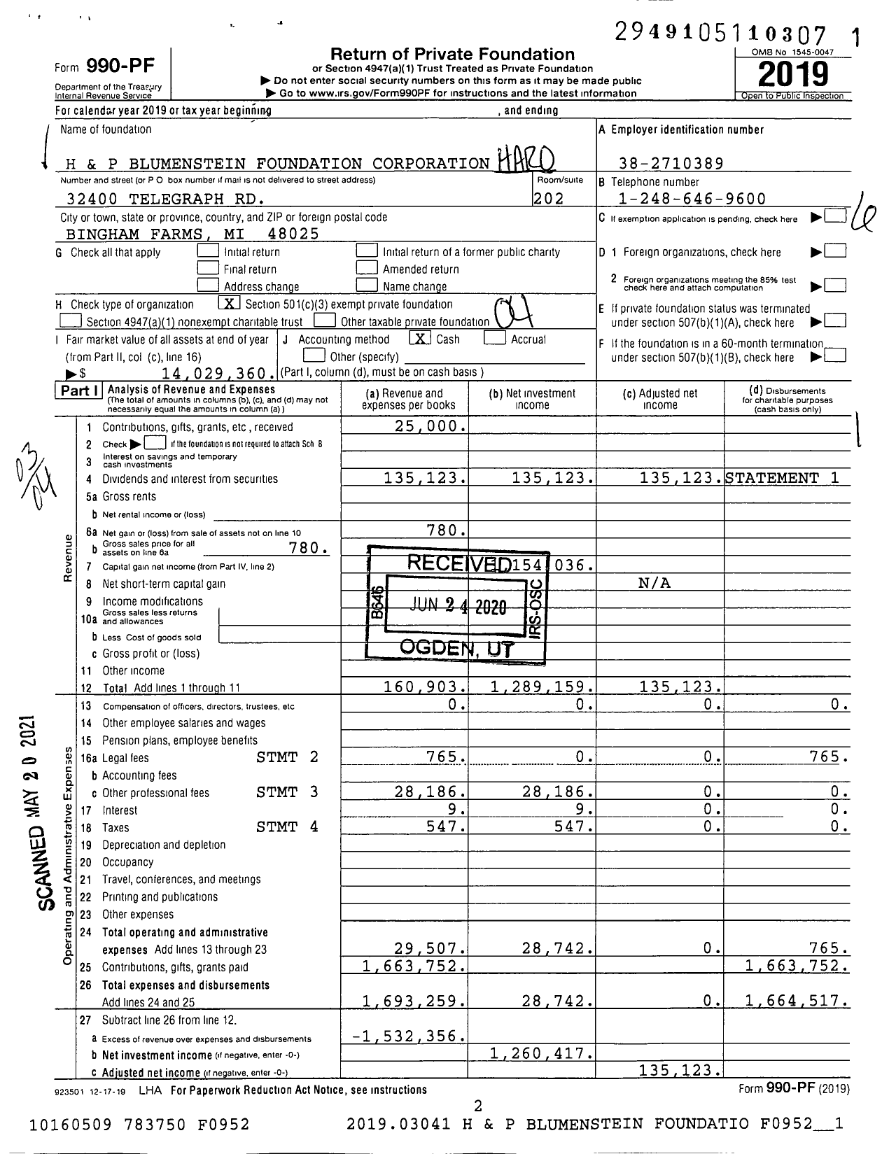 Image of first page of 2019 Form 990PF for Harold and Penny Blumenstein Blumenstein Foundation Corporation