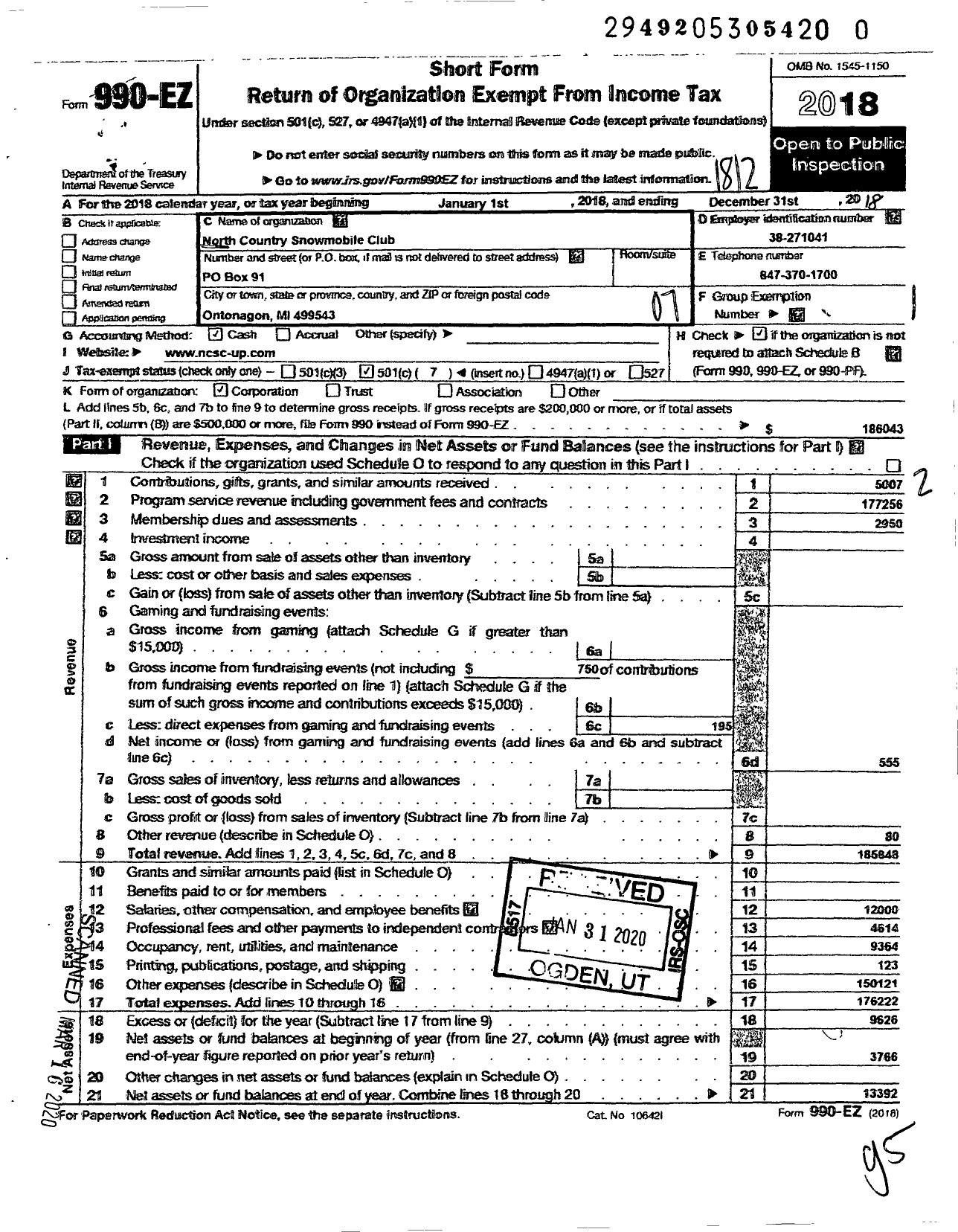 Image of first page of 2018 Form 990EO for North Country Snowmobile Club