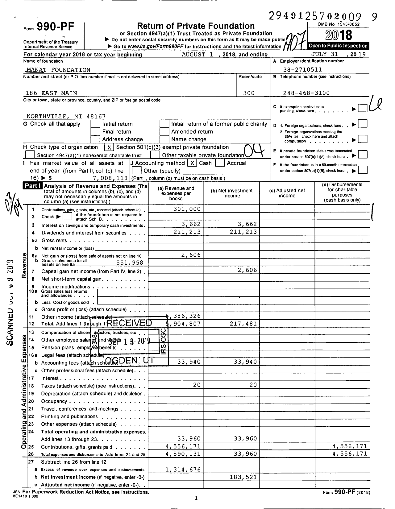 Image of first page of 2018 Form 990PF for Manat Foundation