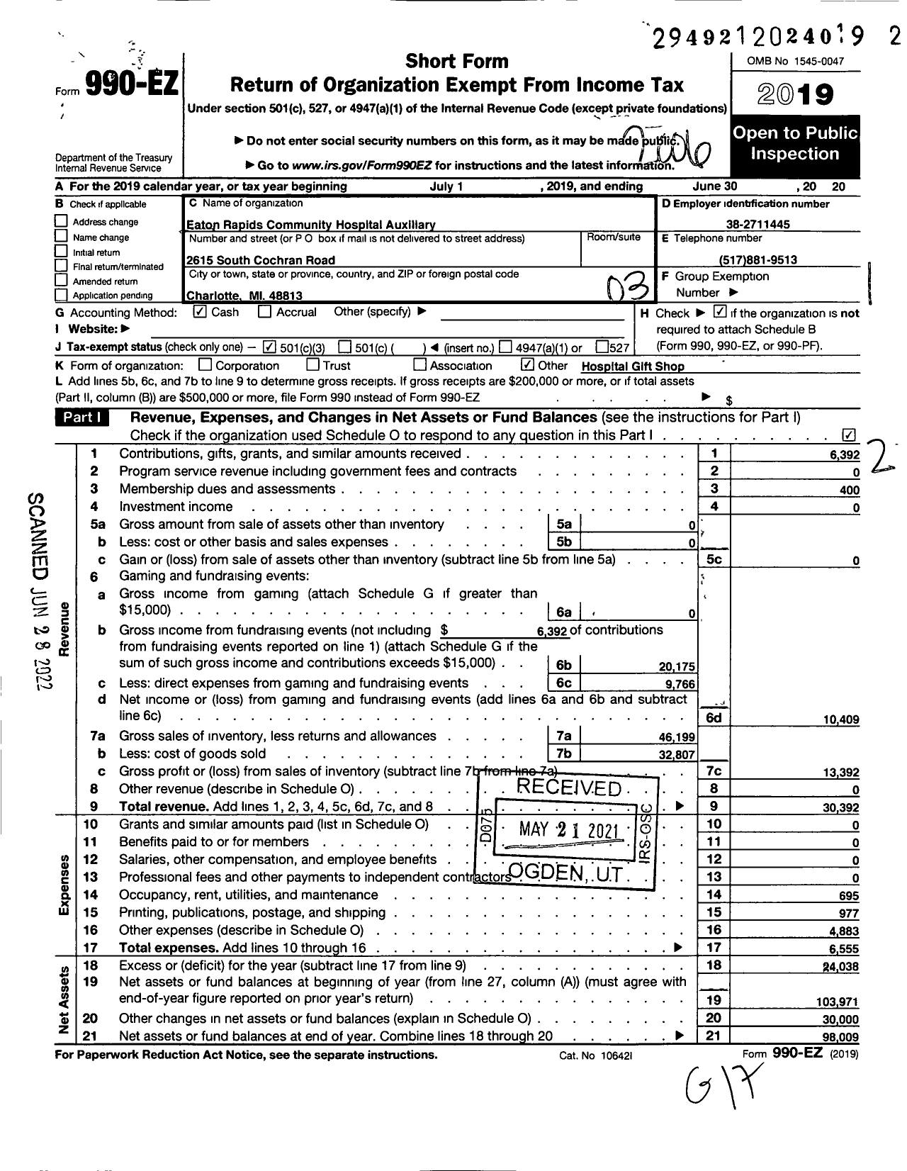 Image of first page of 2019 Form 990EZ for Eaton Rapids Community Hospital Auxiliary