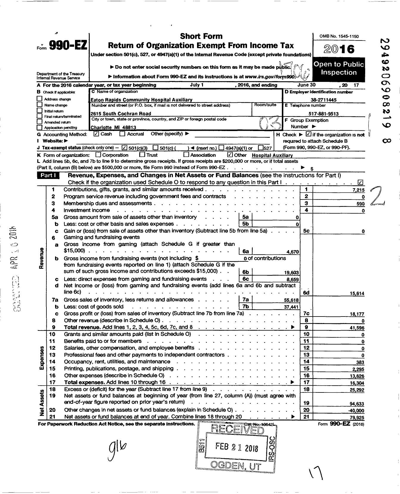 Image of first page of 2016 Form 990EZ for Eaton Rapids Community Hospital Auxiliary