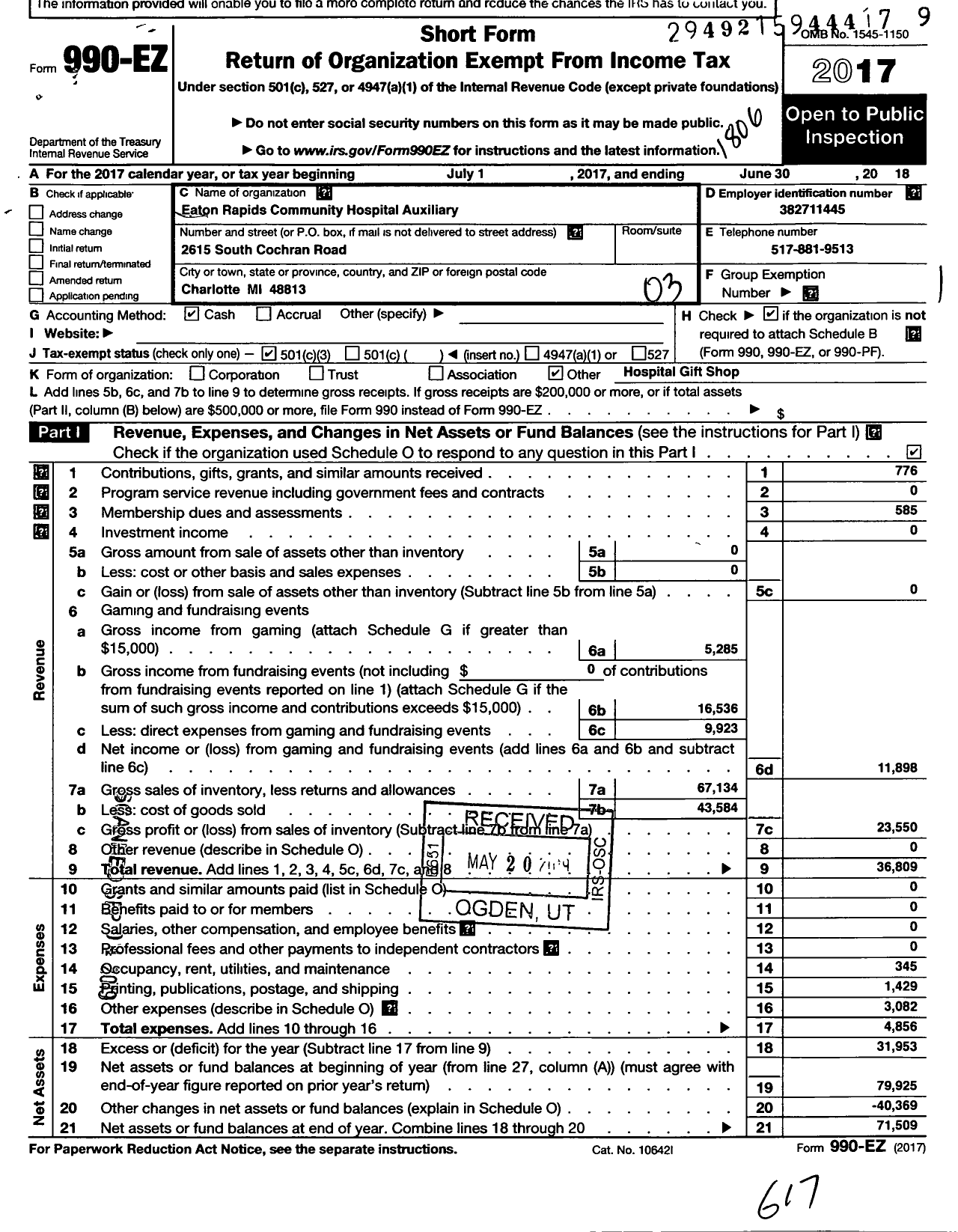 Image of first page of 2017 Form 990EZ for Eaton Rapids Community Hospital Auxiliary