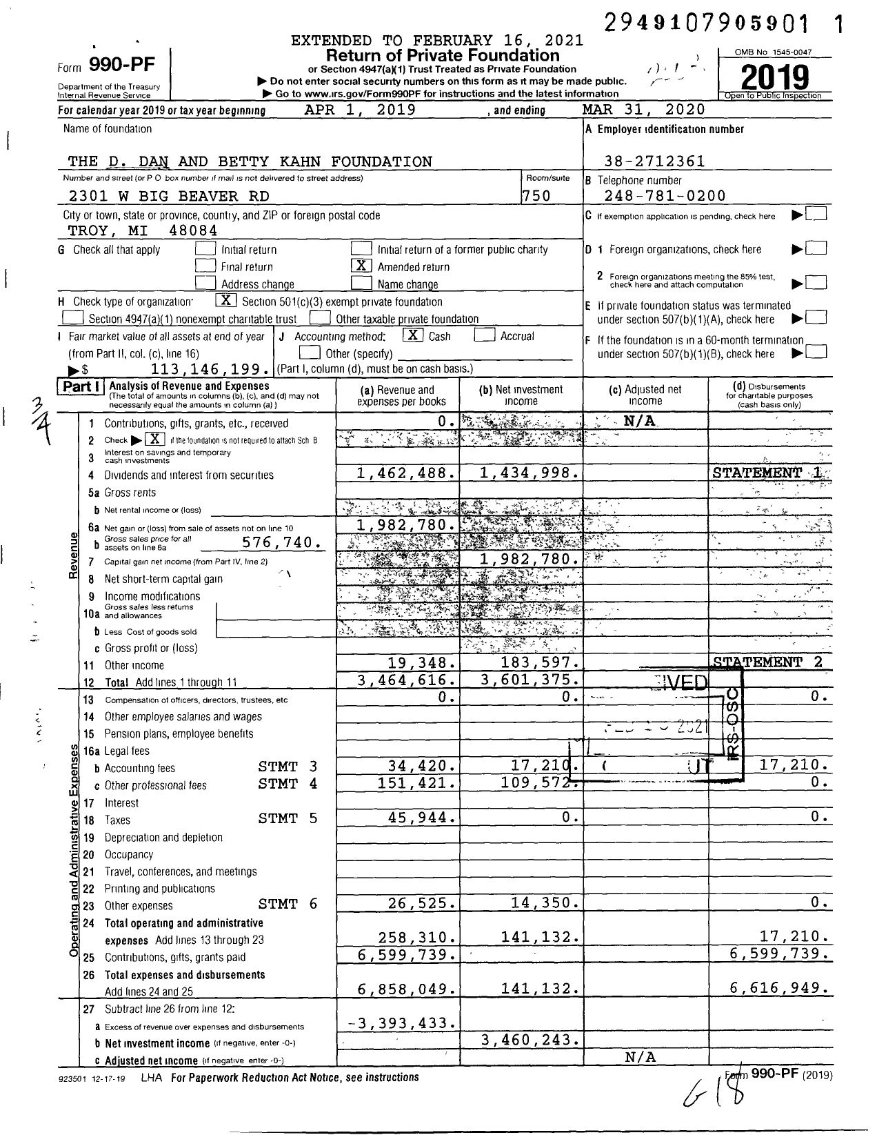 Image of first page of 2019 Form 990PF for The D Dan and Betty Kahn Foundation