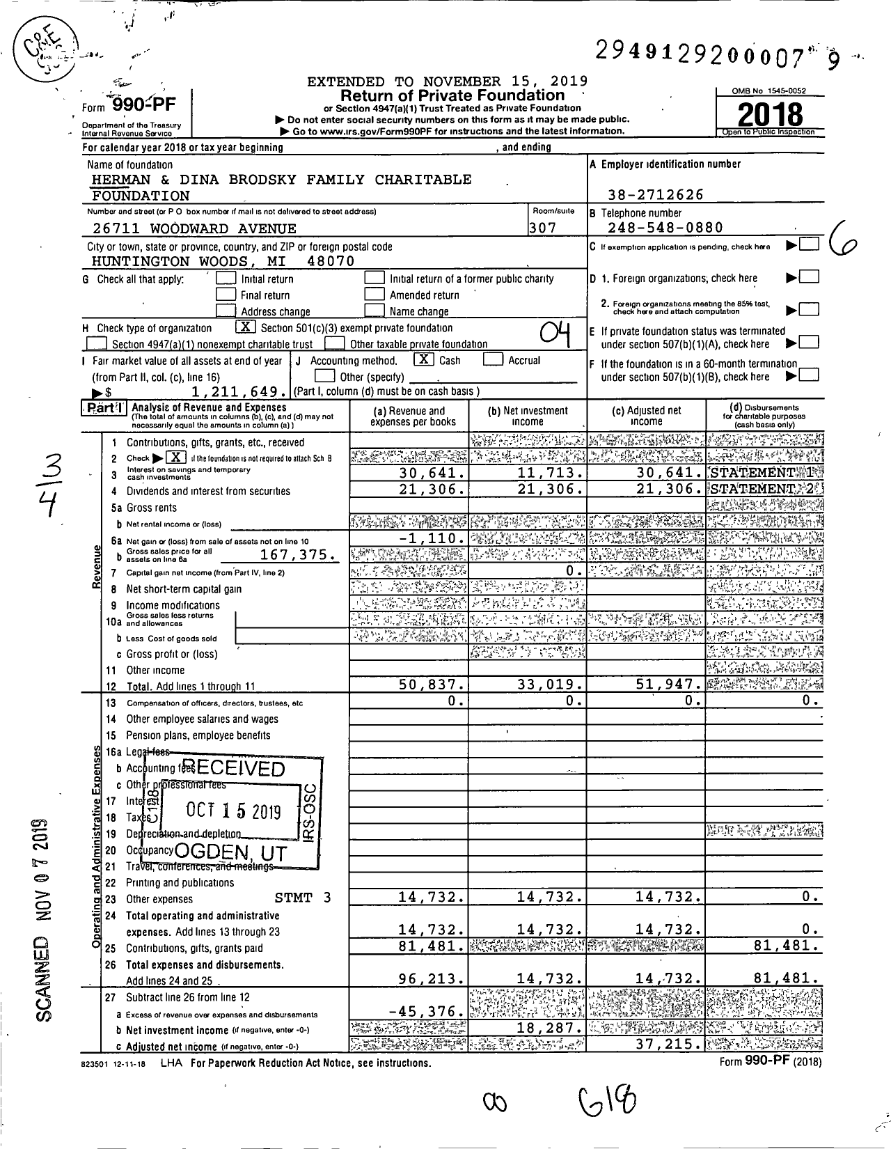 Image of first page of 2018 Form 990PF for Herman and Dina Brodsky Family Charitable Foundation