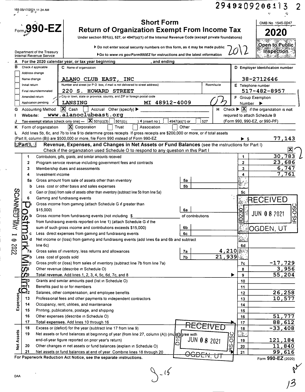 Image of first page of 2020 Form 990EZ for Alano Club East