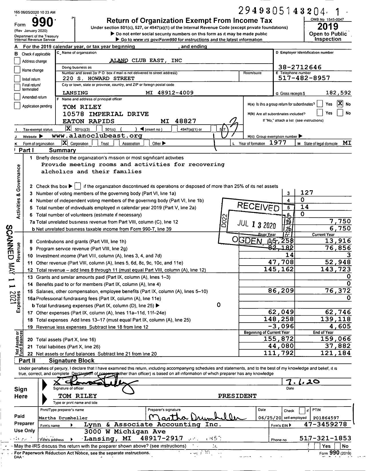 Image of first page of 2019 Form 990 for Alano Club East