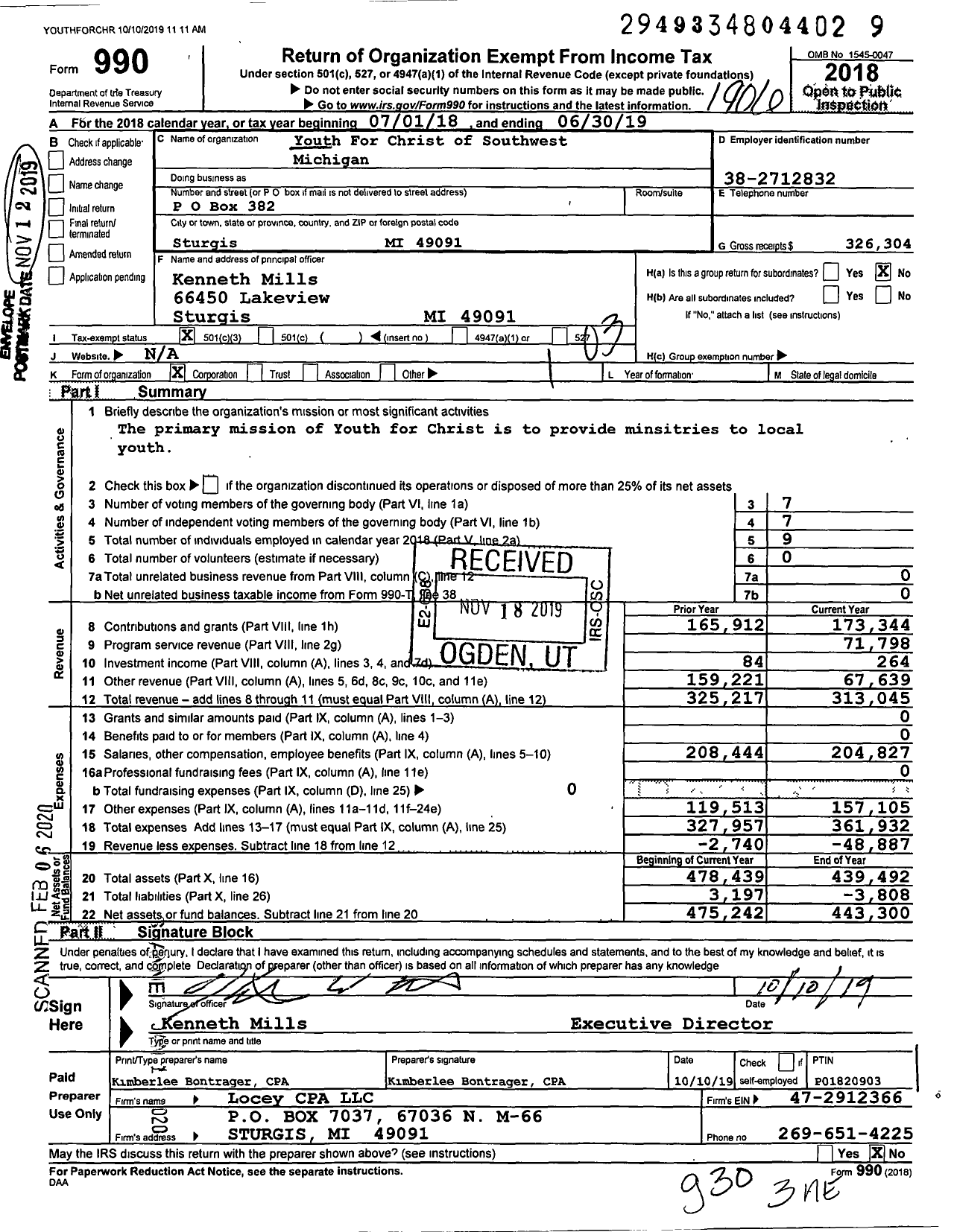 Image of first page of 2018 Form 990 for Youth for Christ - Southwestmichigan Yfc