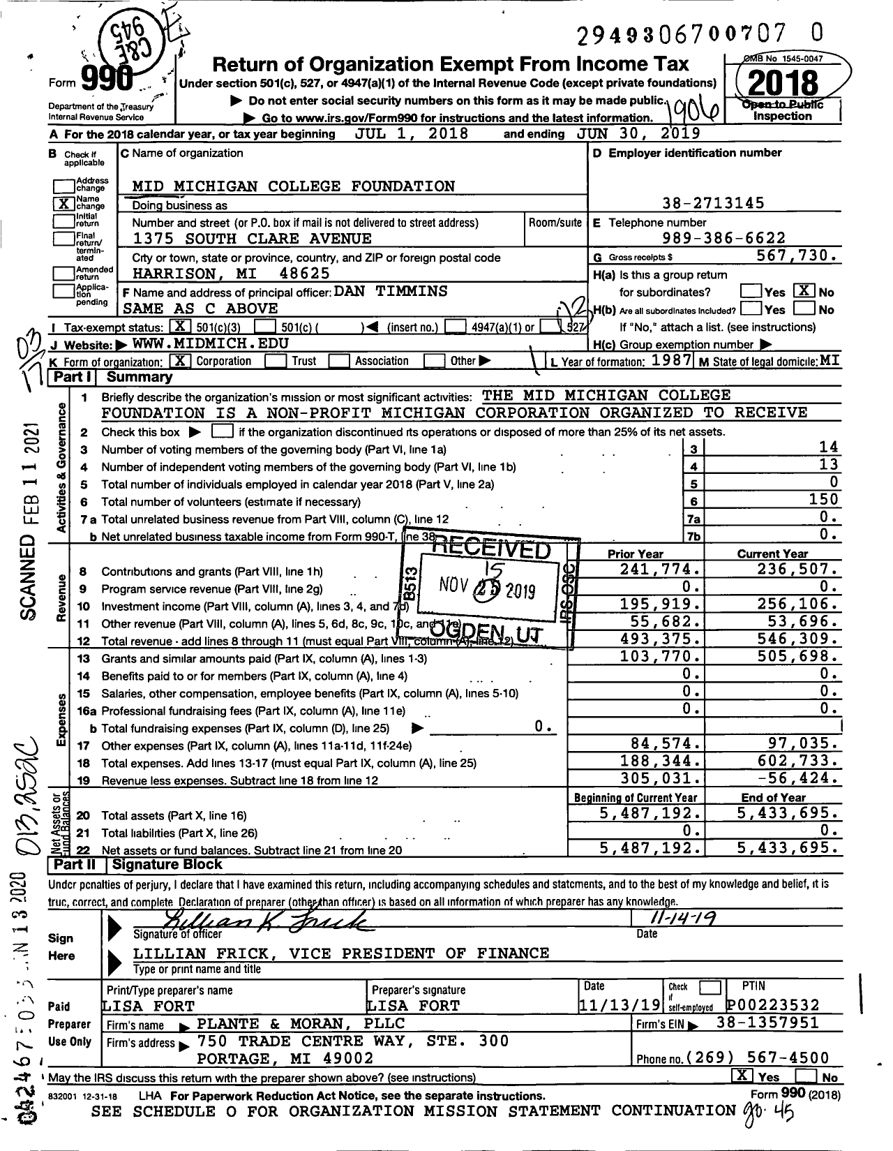 Image of first page of 2018 Form 990 for Mid Michigan College Foundation