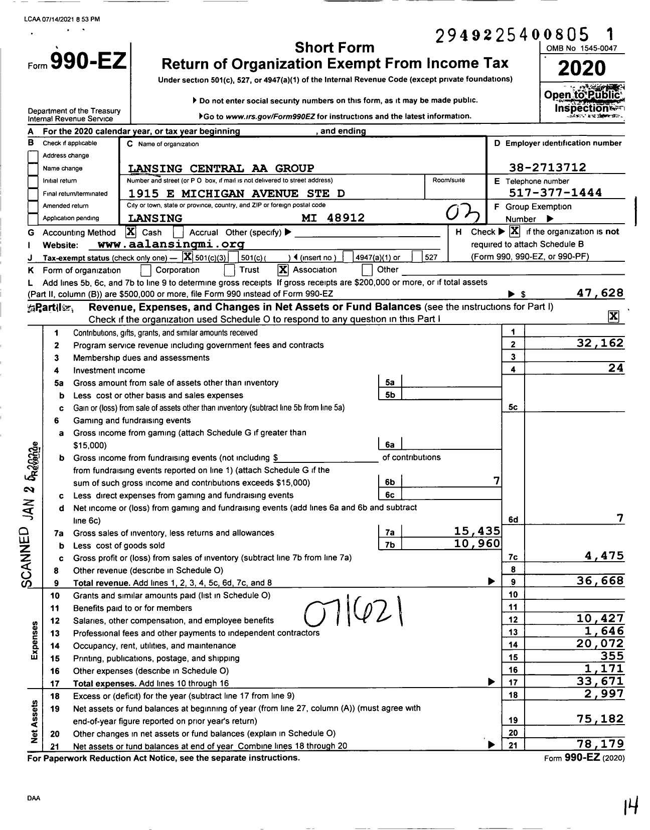 Image of first page of 2020 Form 990EZ for Lansing Central AA Group