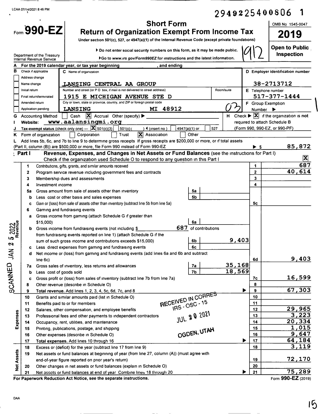 Image of first page of 2019 Form 990EZ for Lansing Central AA Group