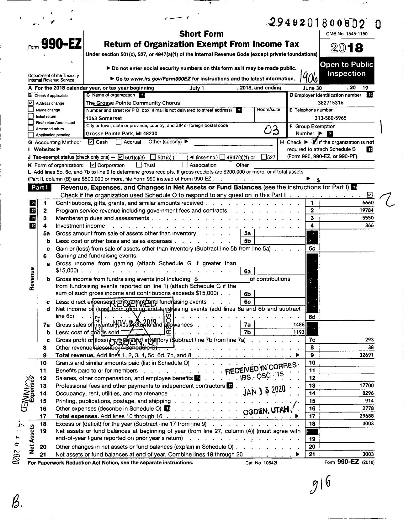 Image of first page of 2018 Form 990EZ for The Grosse Pointe Community Chorus