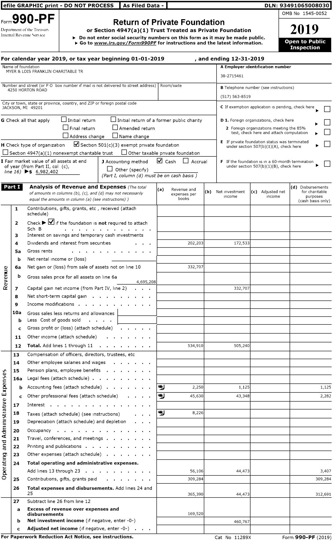 Image of first page of 2019 Form 990PR for Myer and Lois Franklin Charitable Trust