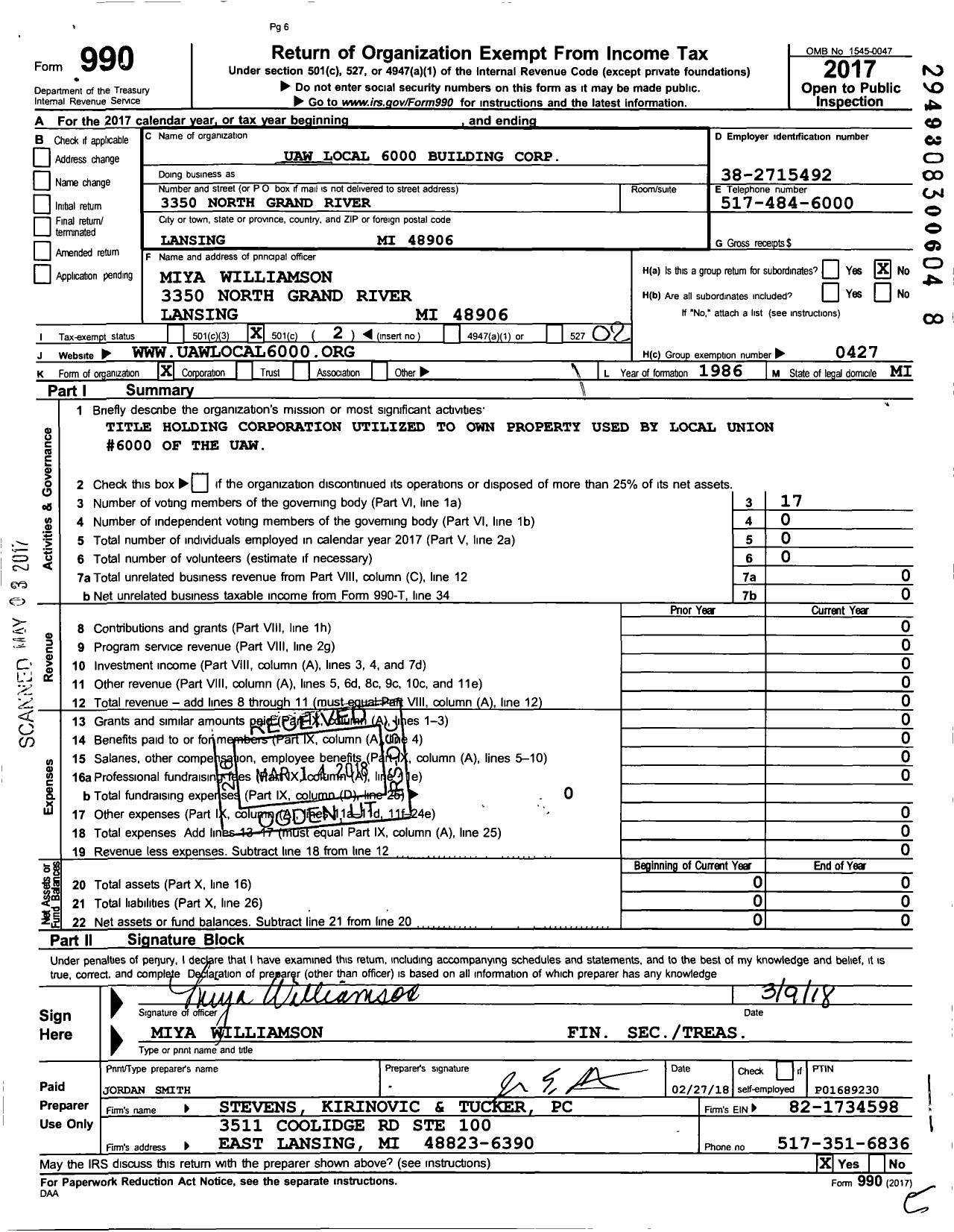 Image of first page of 2017 Form 990O for United Auto Workers Local Union No 6000 Building Corporation