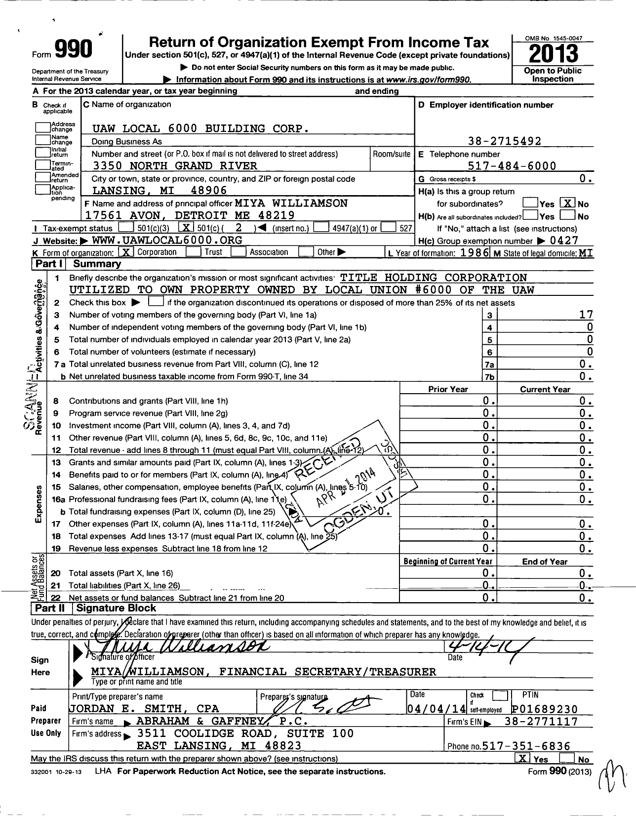 Image of first page of 2013 Form 990O for United Auto Workers Local Union No 6000 Building Corporation