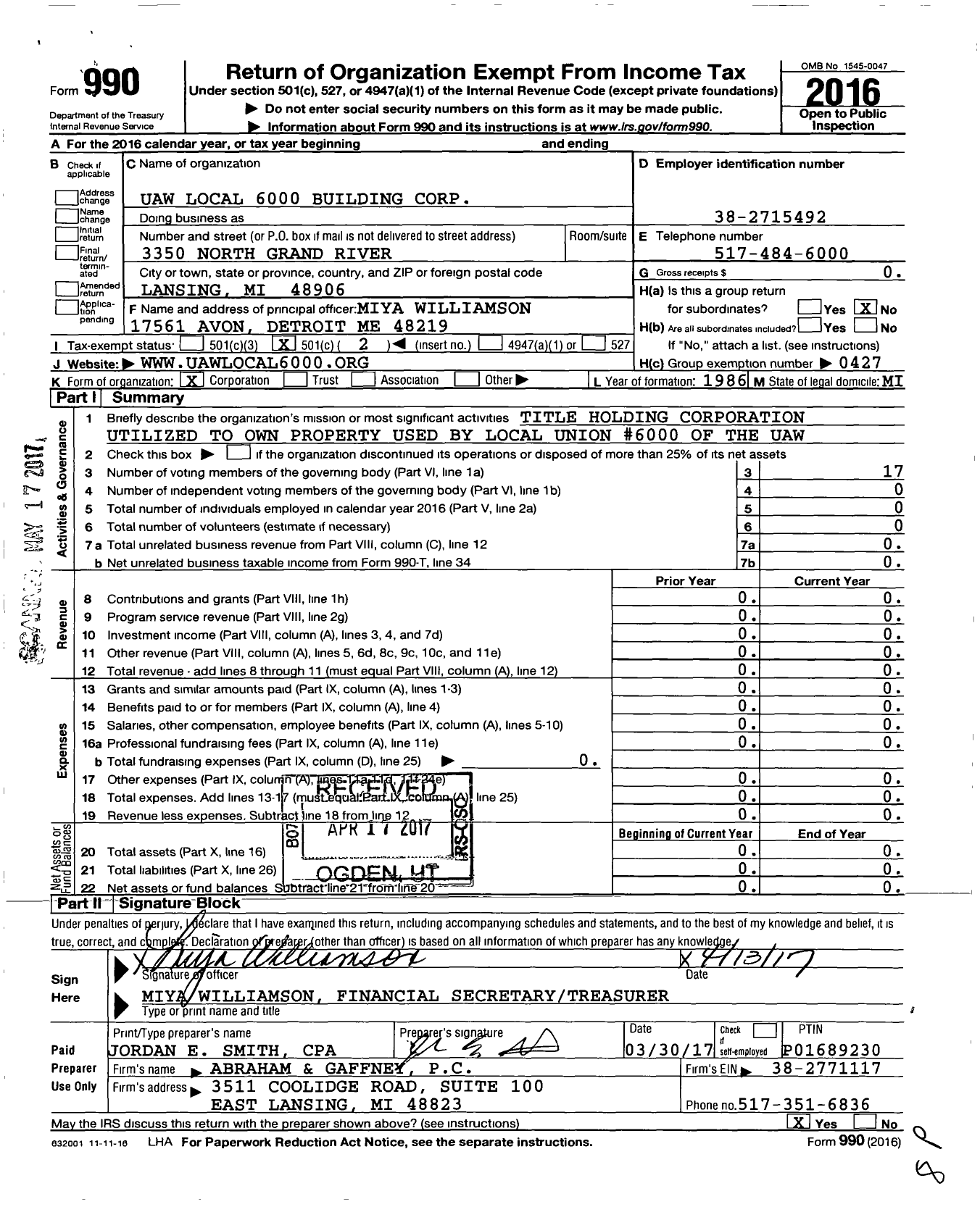 Image of first page of 2016 Form 990O for United Auto Workers Local Union No 6000 Building Corporation