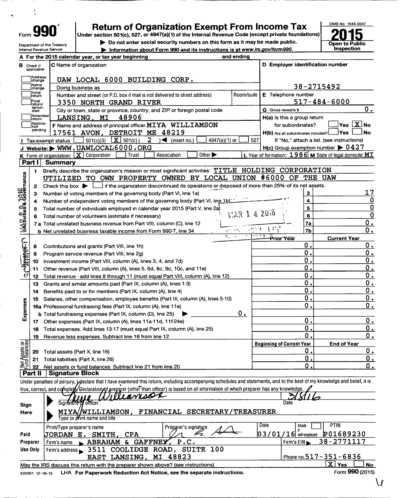 Image of first page of 2015 Form 990O for United Auto Workers Local Union No 6000 Building Corporation