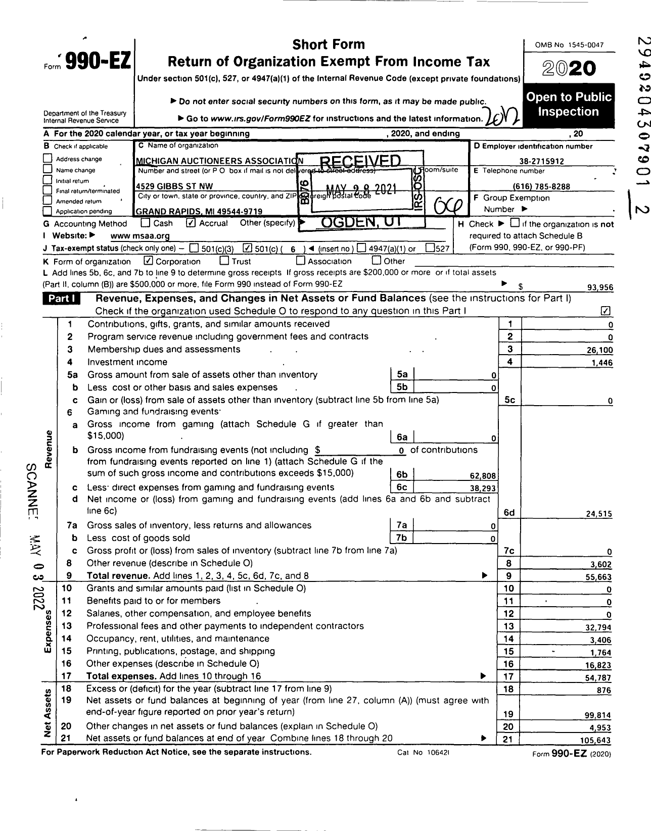 Image of first page of 2020 Form 990EO for Michigan Auctioneers Association