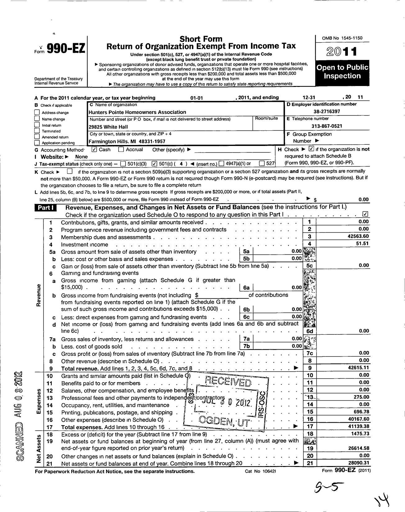 Image of first page of 2011 Form 990EO for Hunters Pointe Homeowners Association