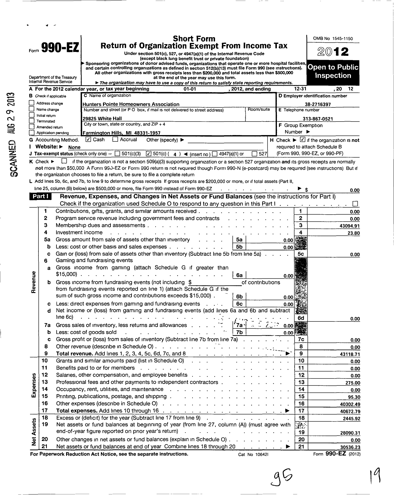 Image of first page of 2012 Form 990EO for Hunters Pointe Homeowners Association