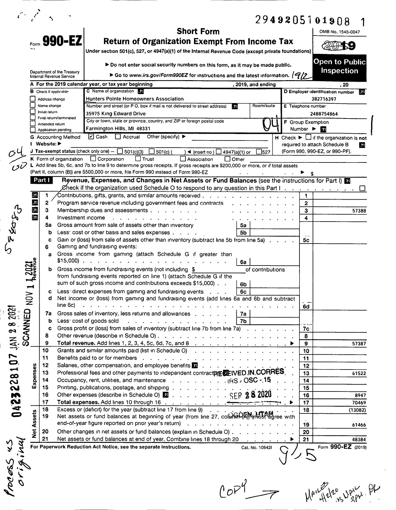 Image of first page of 2019 Form 990EO for Hunters Pointe Homeowners Association