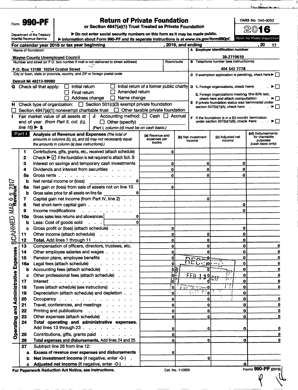 Image of first page of 2017 Form 990PF for Wayne County Unemployed Council