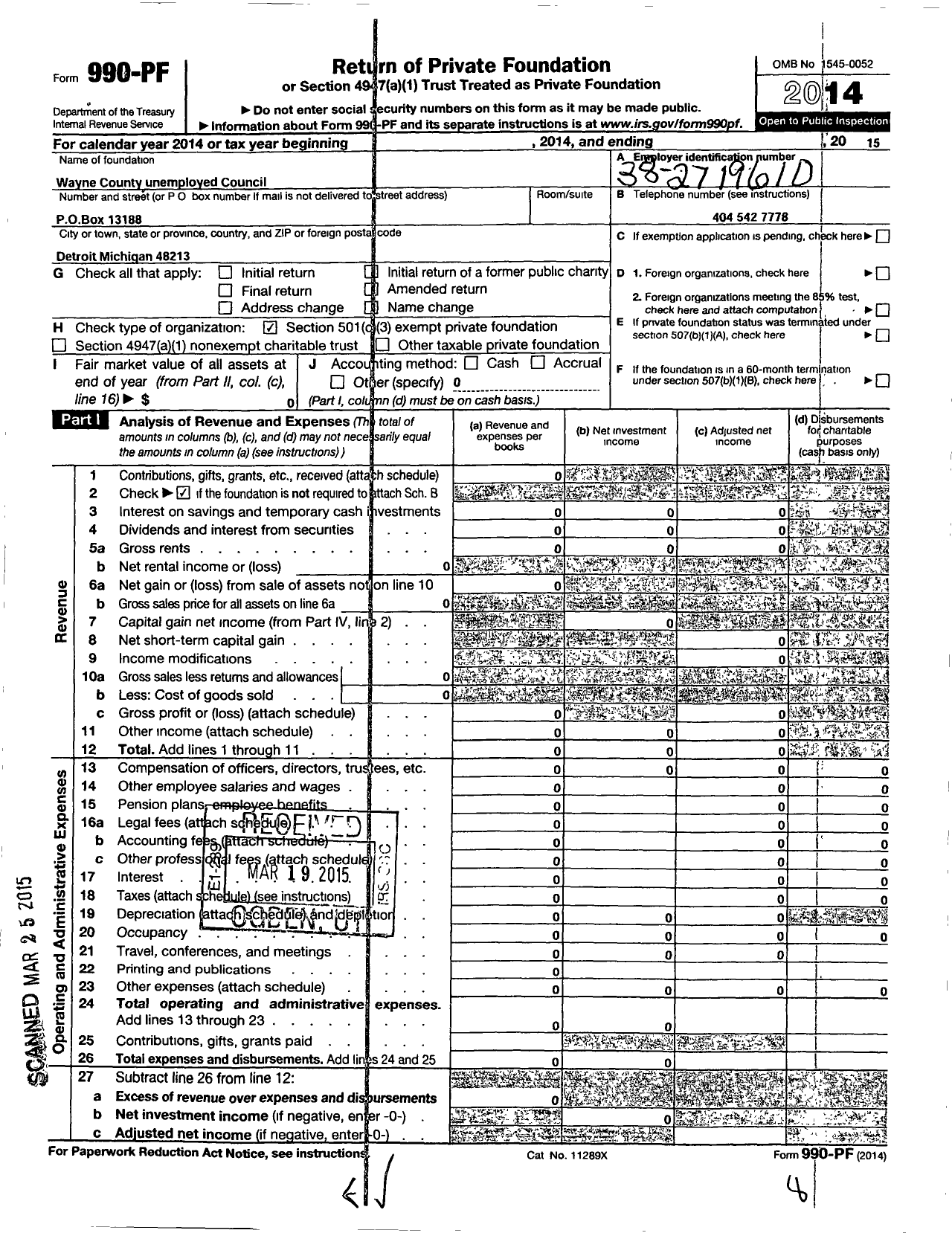 Image of first page of 2014 Form 990PF for Wayne County Unemployed Council