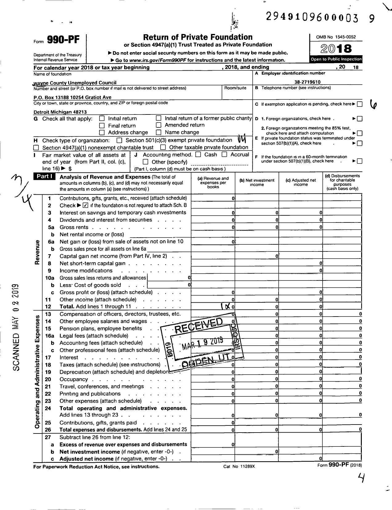 Image of first page of 2018 Form 990PF for Wayne County Unemployed Council