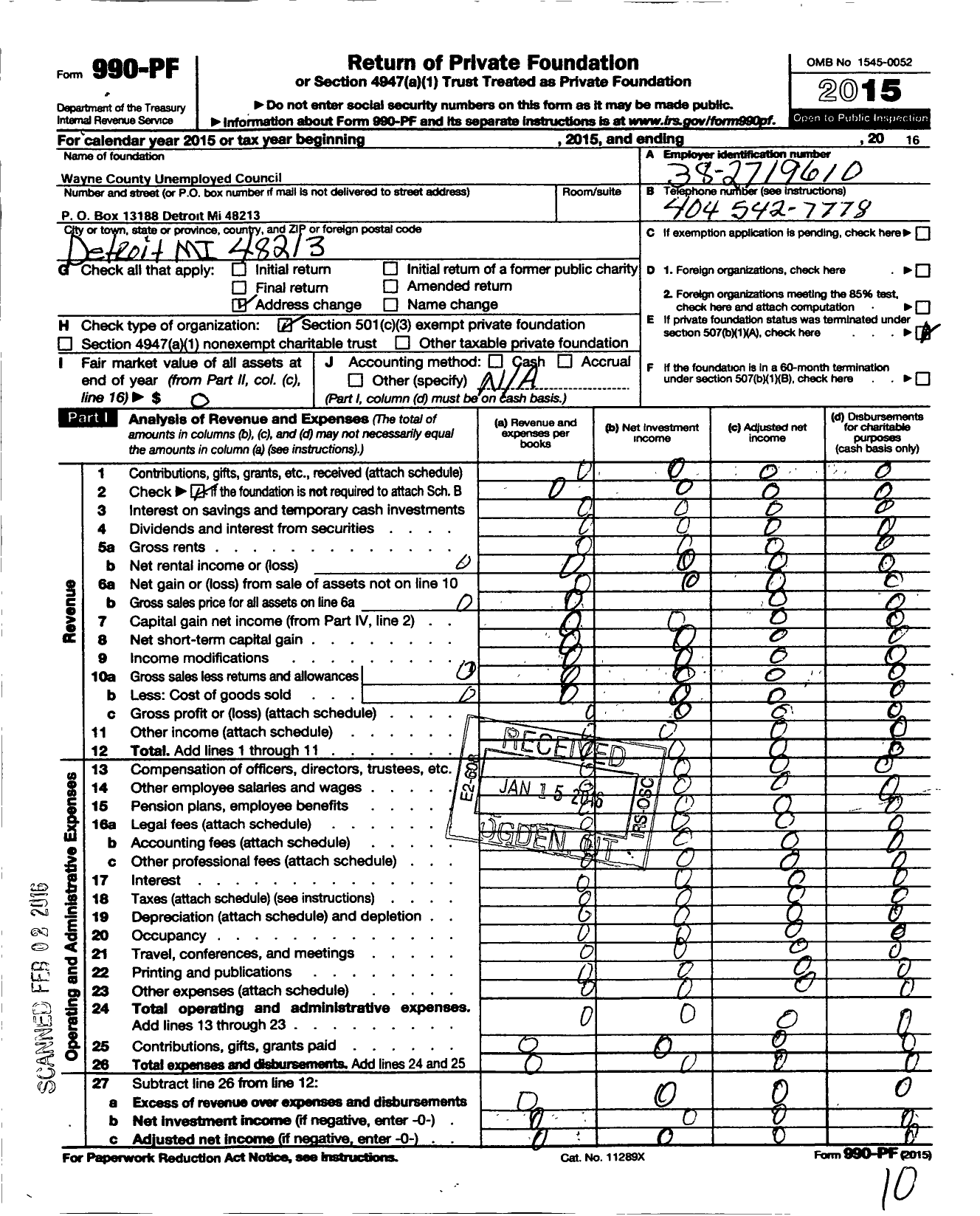 Image of first page of 2015 Form 990PF for Wayne County Unemployed Council